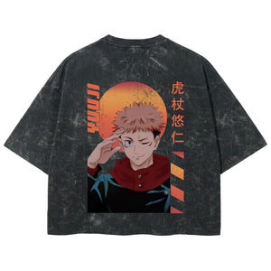 Playera streetwear premium de anime y gaming ExtraLife MX, corte boxy deluxe mineral wash heavyweight en color Acid Wash, moda urbana mexicana de culto.