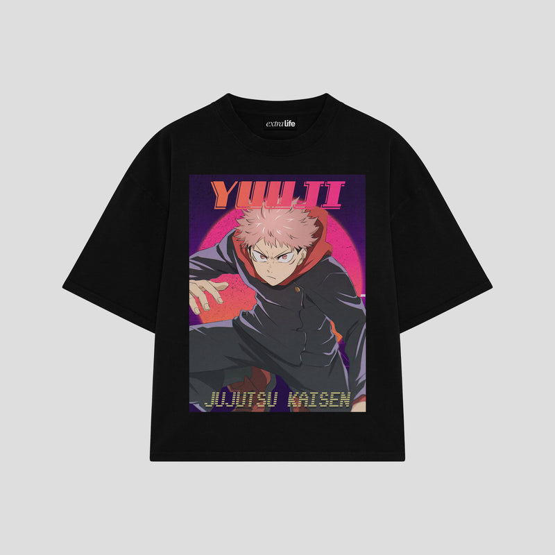 Playera streetwear premium de anime y gaming ExtraLife MX, corte boxy oversized drop shoulder heavyweight en color Deep Black y Off-White, moda urbana mexicana de culto.