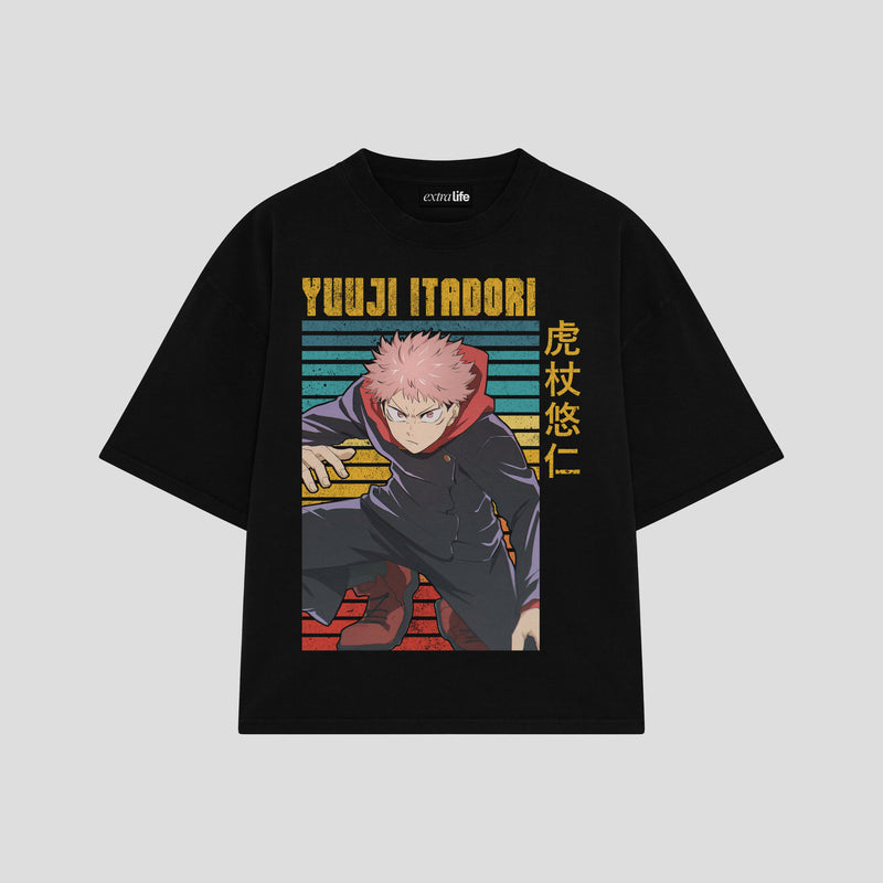 Playera streetwear premium de anime y gaming ExtraLife MX, corte boxy oversized drop shoulder heavyweight en color Deep Black y Off-White, moda urbana mexicana de culto.