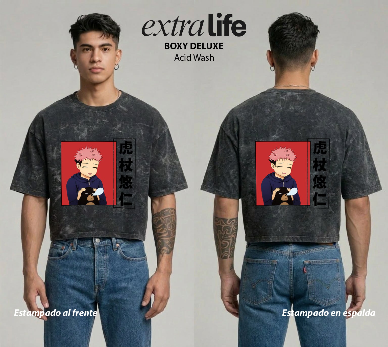 Playera streetwear premium de anime y gaming ExtraLife MX, corte boxy deluxe mineral wash heavyweight en color Acid Wash, moda urbana mexicana de culto.
