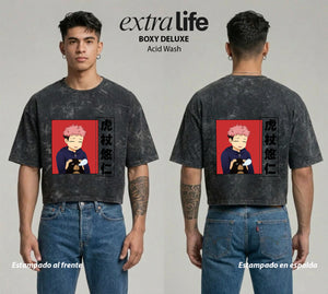 Playera streetwear premium de anime y gaming ExtraLife MX, corte boxy deluxe mineral wash heavyweight en color Acid Wash, moda urbana mexicana de culto.