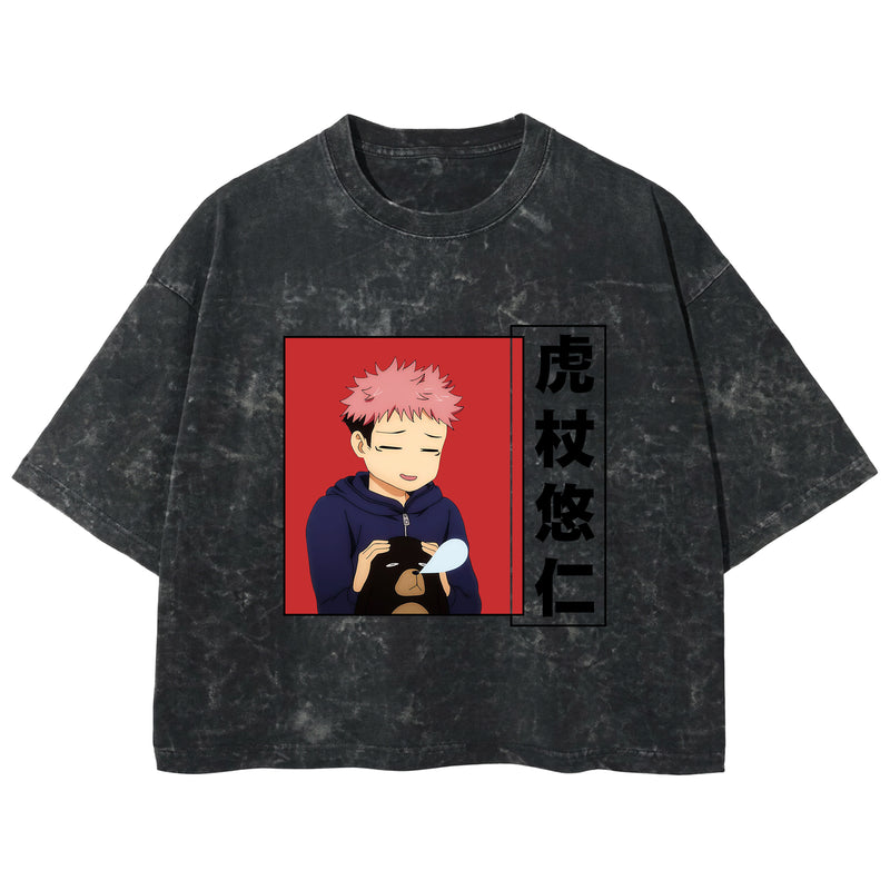 Playera streetwear premium de anime y gaming ExtraLife MX, corte boxy deluxe mineral wash heavyweight en color Acid Wash, moda urbana mexicana de culto.