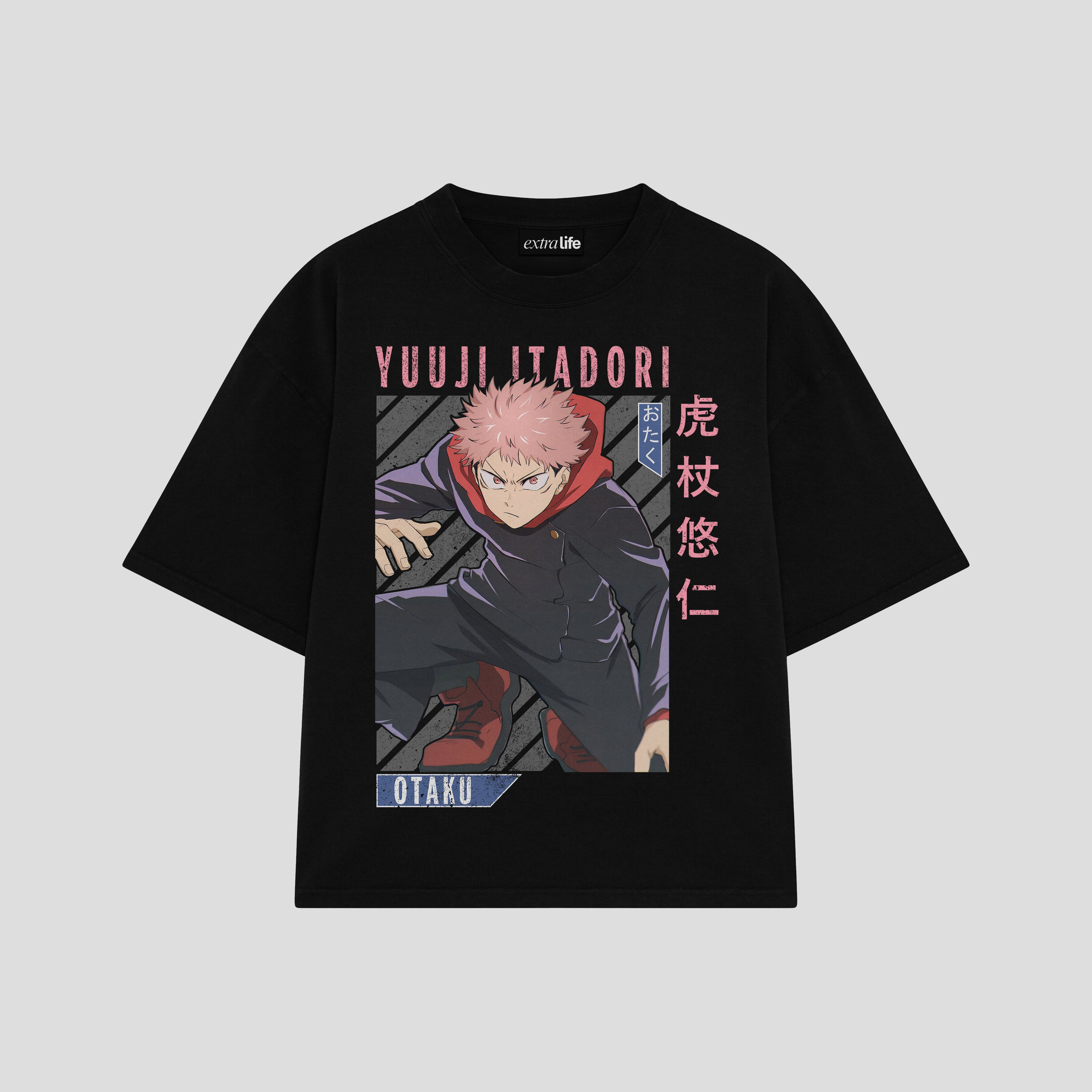 Playera streetwear premium de anime y gaming ExtraLife MX, corte boxy oversized drop shoulder heavyweight en color Deep Black y Off-White, moda urbana mexicana de culto.