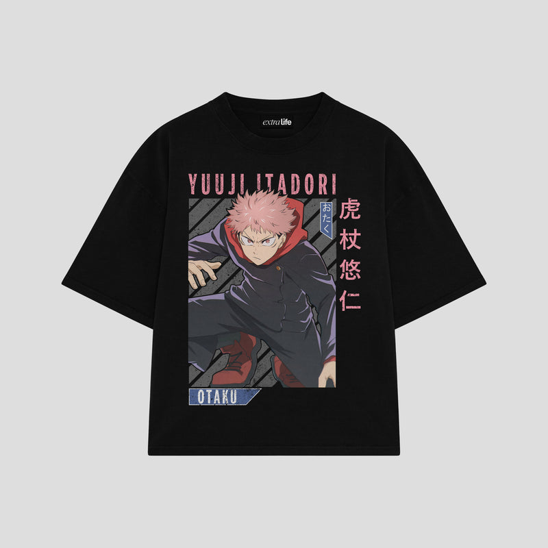 Playera streetwear premium de anime y gaming ExtraLife MX, corte boxy oversized drop shoulder heavyweight en color Deep Black y Off-White, moda urbana mexicana de culto.