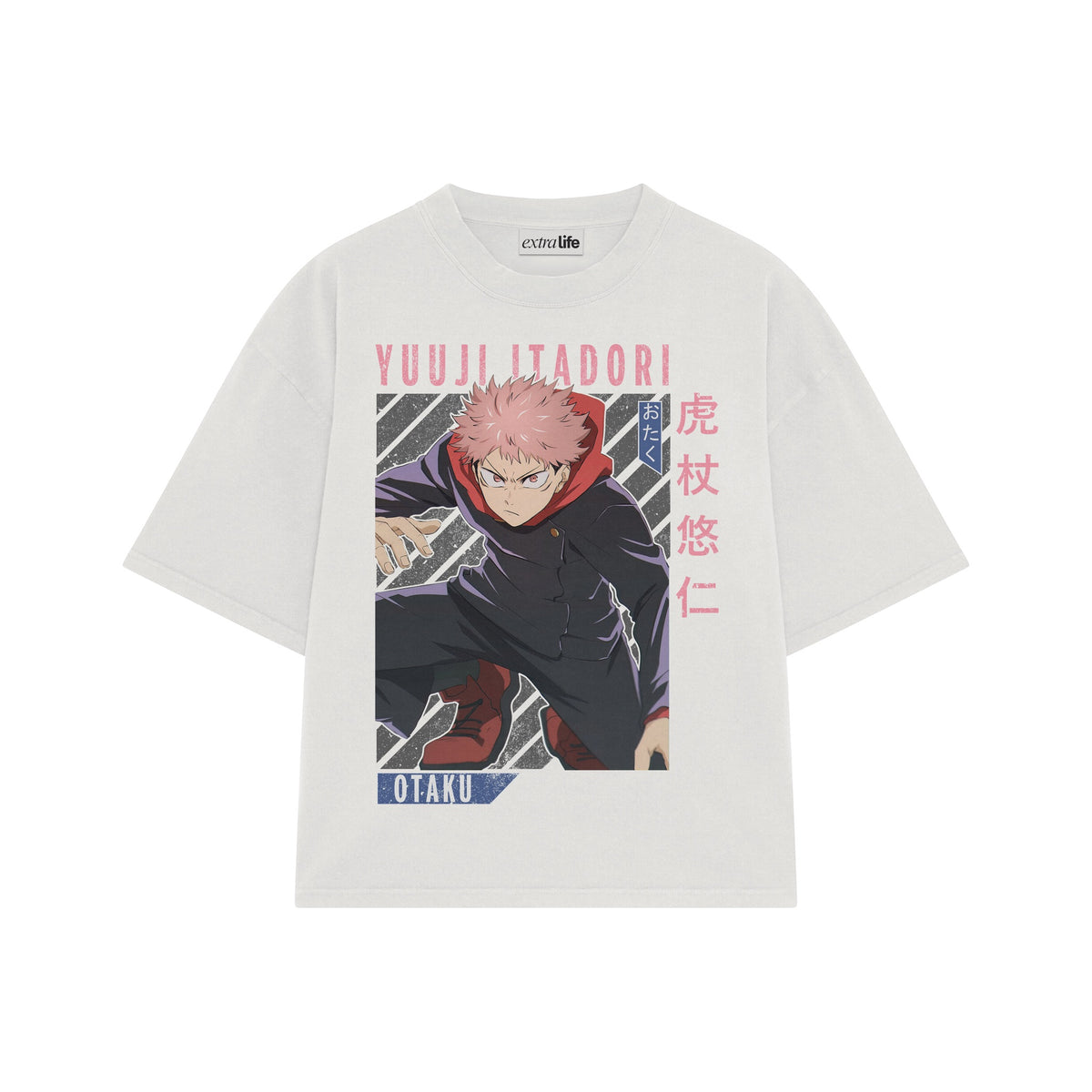 Playera streetwear premium de anime y gaming ExtraLife MX, corte oversized drop shoulder ligero y fresco en color Deep Black y Off-White, moda urbana mexicana de culto.
