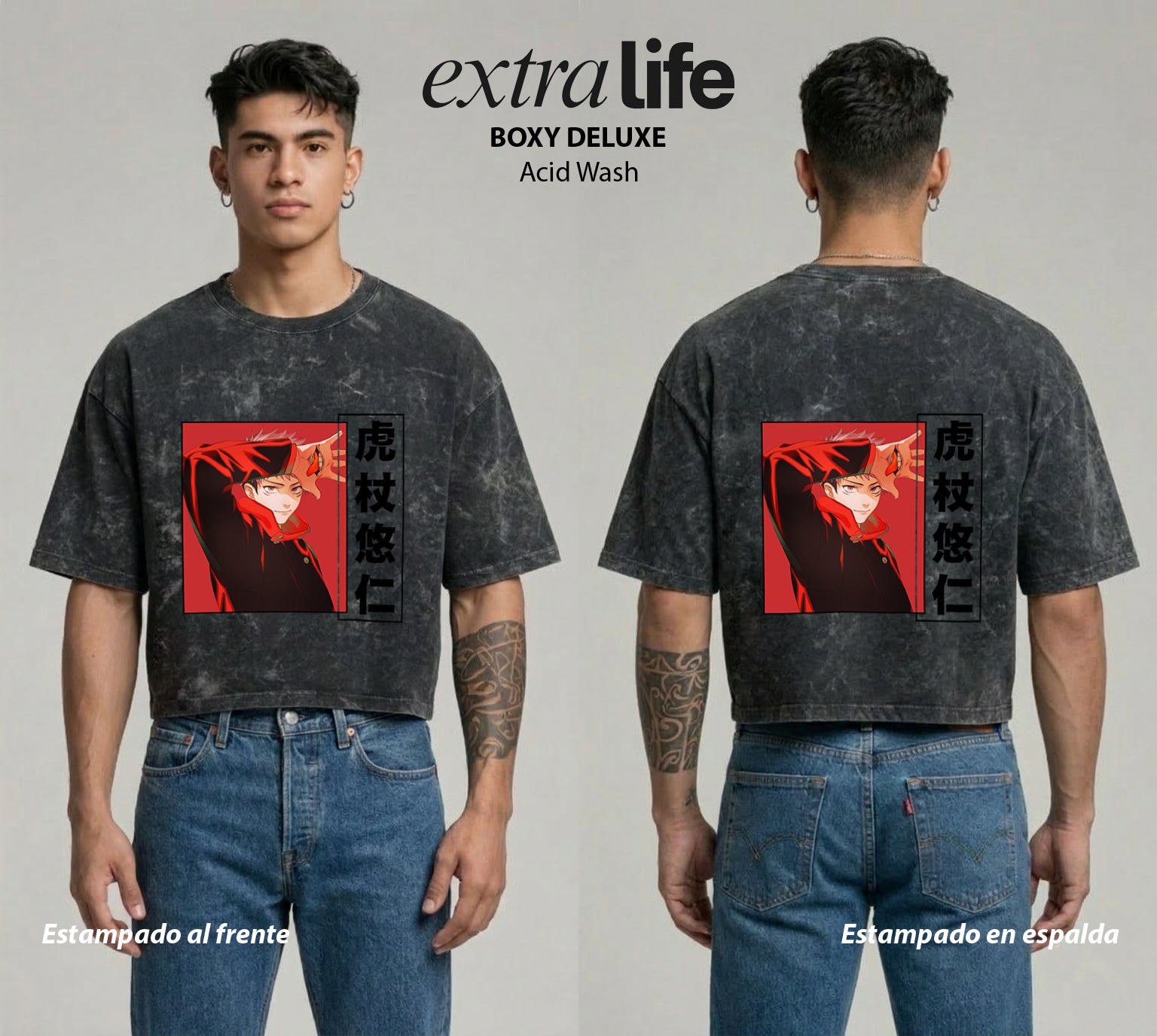 Playera streetwear premium de anime y gaming ExtraLife MX, corte boxy deluxe mineral wash heavyweight en color Acid Wash, moda urbana mexicana de culto.