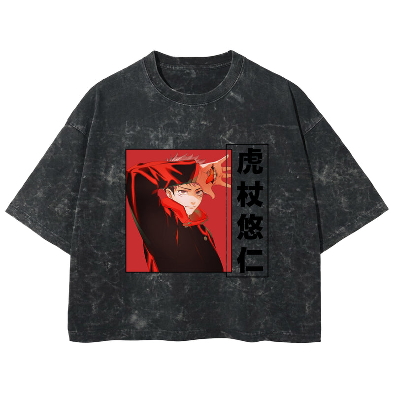 Playera streetwear premium de anime y gaming ExtraLife MX, corte boxy deluxe mineral wash heavyweight en color Acid Wash, moda urbana mexicana de culto.