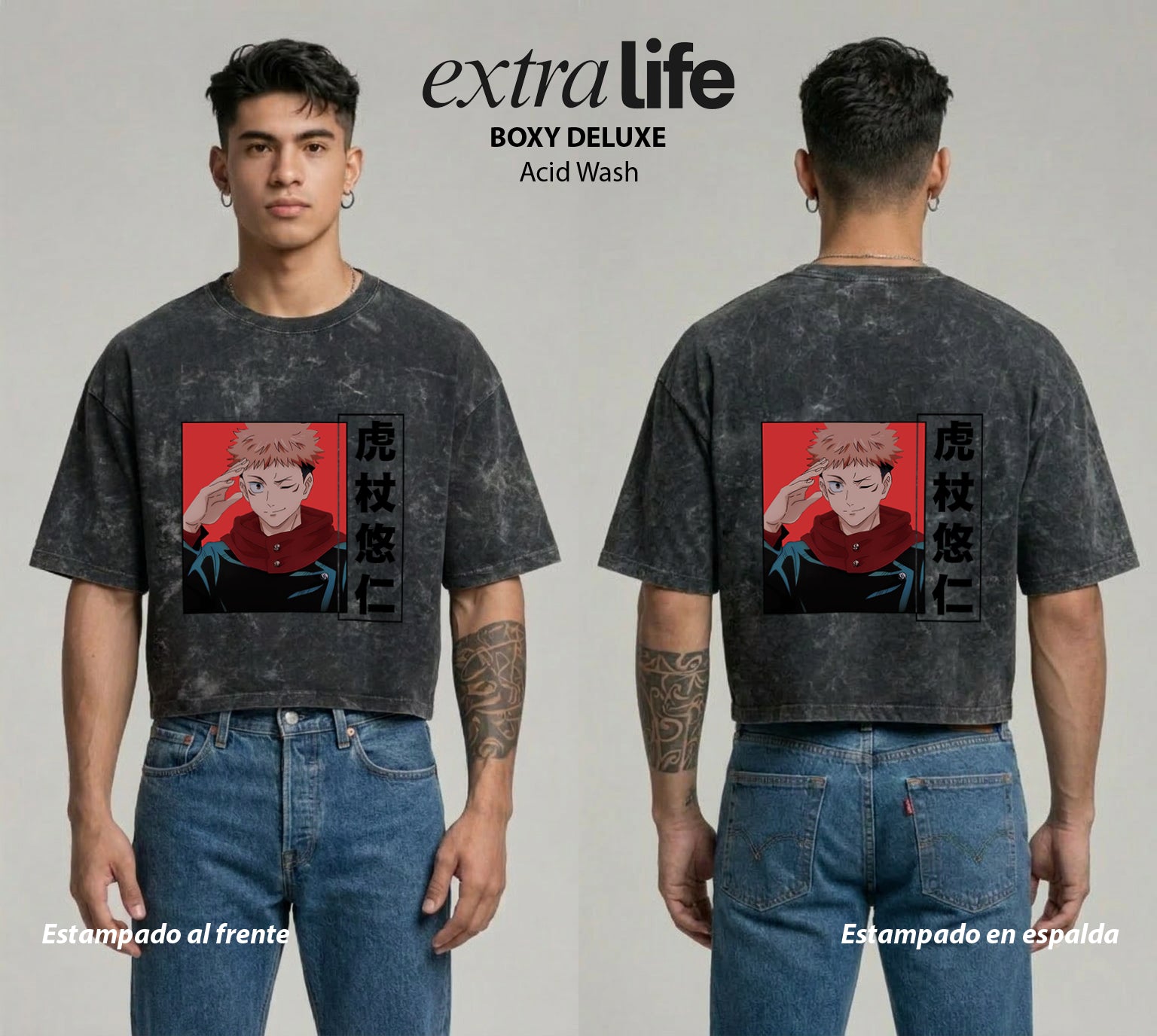 Playera streetwear premium de anime y gaming ExtraLife MX, corte boxy deluxe mineral wash heavyweight en color Acid Wash, moda urbana mexicana de culto.