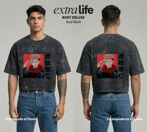 Playera streetwear premium de anime y gaming ExtraLife MX, corte boxy deluxe mineral wash heavyweight en color Acid Wash, moda urbana mexicana de culto.
