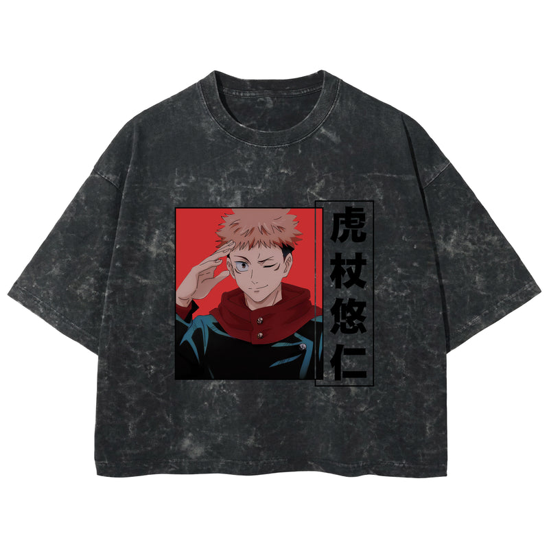 Playera streetwear premium de anime y gaming ExtraLife MX, corte boxy deluxe mineral wash heavyweight en color Acid Wash, moda urbana mexicana de culto.