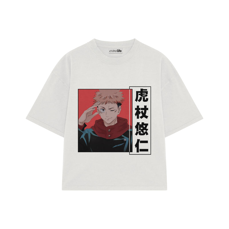 Playera streetwear premium de anime y gaming ExtraLife MX, corte boxy oversized drop shoulder heavyweight en color Deep Black y Off-White, moda urbana mexicana de culto.