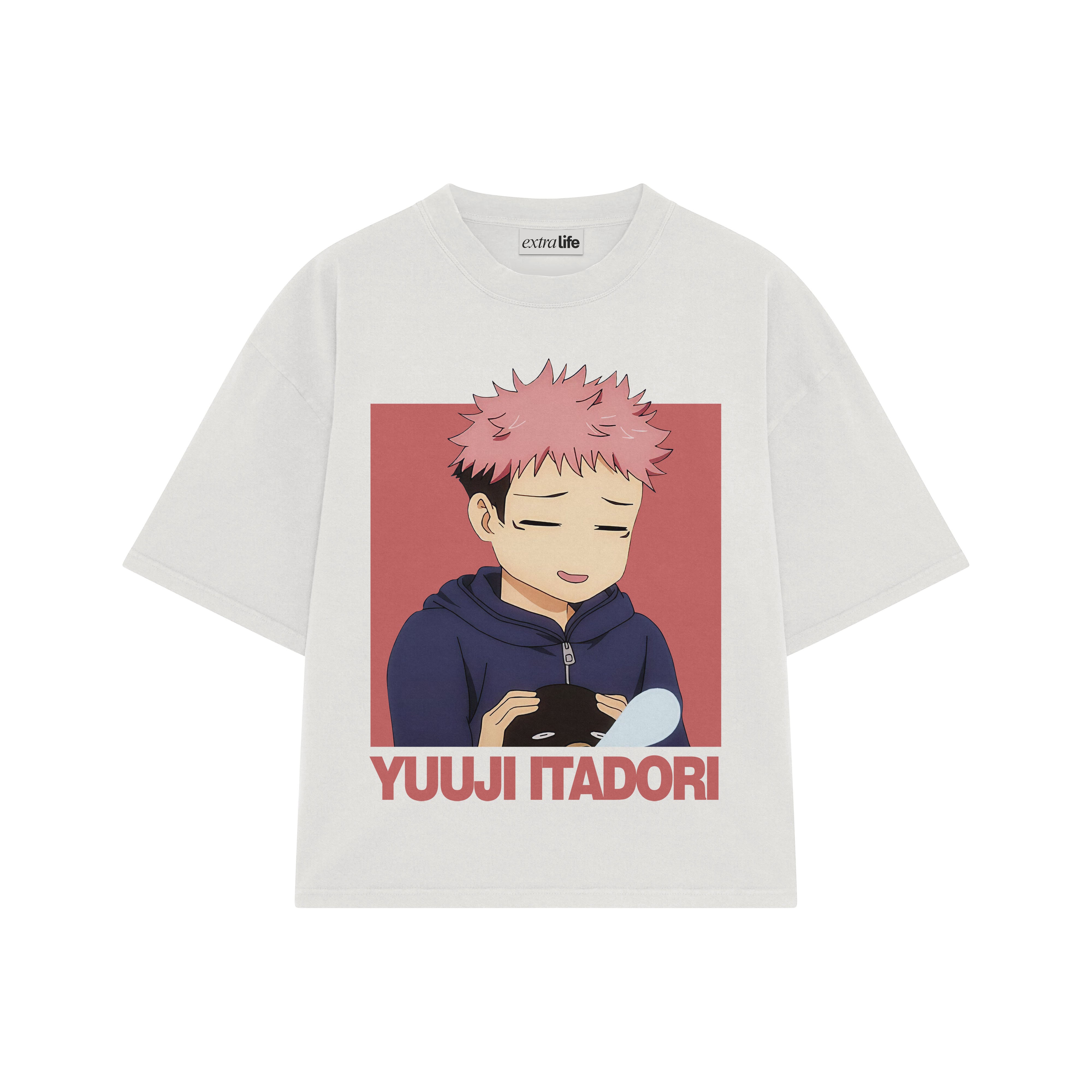 Playera streetwear premium de anime y gaming ExtraLife MX, corte boxy oversized drop shoulder heavyweight en color Deep Black y Off-White, moda urbana mexicana de culto.