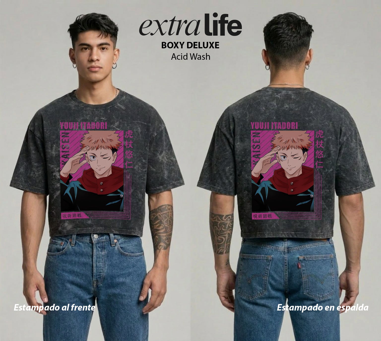 Playera streetwear premium de anime y gaming ExtraLife MX, corte boxy deluxe mineral wash heavyweight en color Acid Wash, moda urbana mexicana de culto.