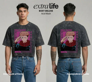 Playera streetwear premium de anime y gaming ExtraLife MX, corte boxy deluxe mineral wash heavyweight en color Acid Wash, moda urbana mexicana de culto.