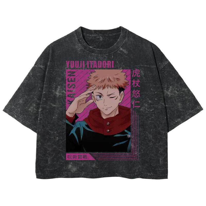 Playera streetwear premium de anime y gaming ExtraLife MX, corte boxy deluxe mineral wash heavyweight en color Acid Wash, moda urbana mexicana de culto.