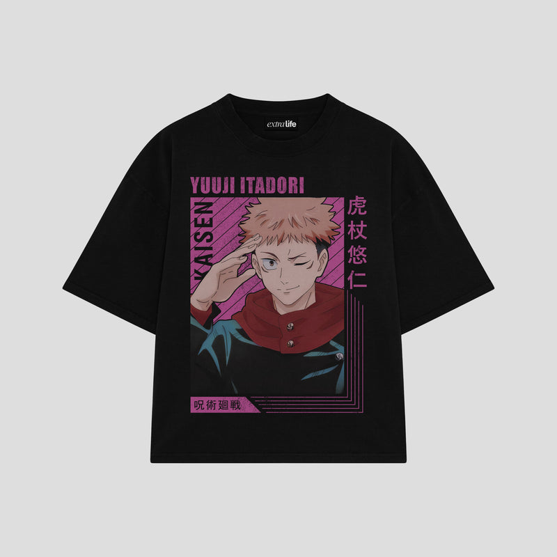 Playera streetwear premium de anime y gaming ExtraLife MX, corte boxy oversized drop shoulder heavyweight en color Deep Black y Off-White, moda urbana mexicana de culto.