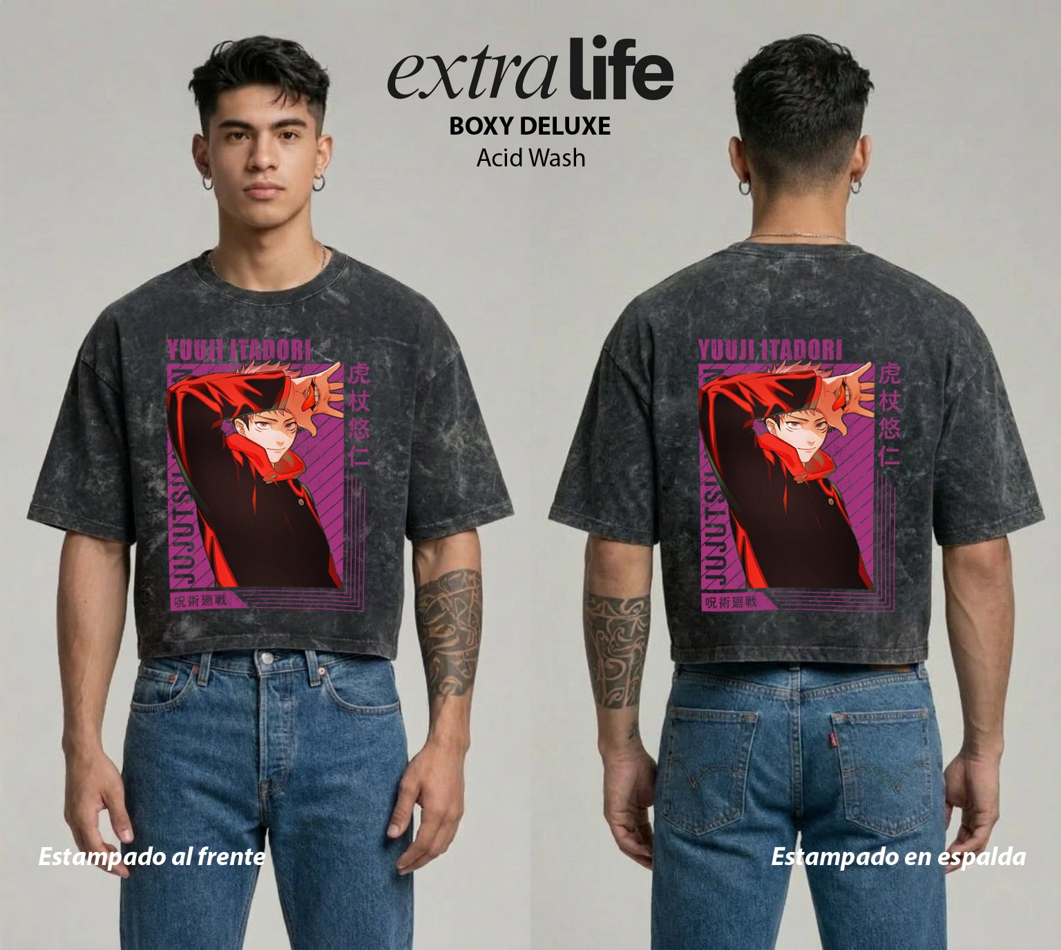 Playera streetwear premium de anime y gaming ExtraLife MX, corte boxy deluxe mineral wash heavyweight en color Acid Wash, moda urbana mexicana de culto.
