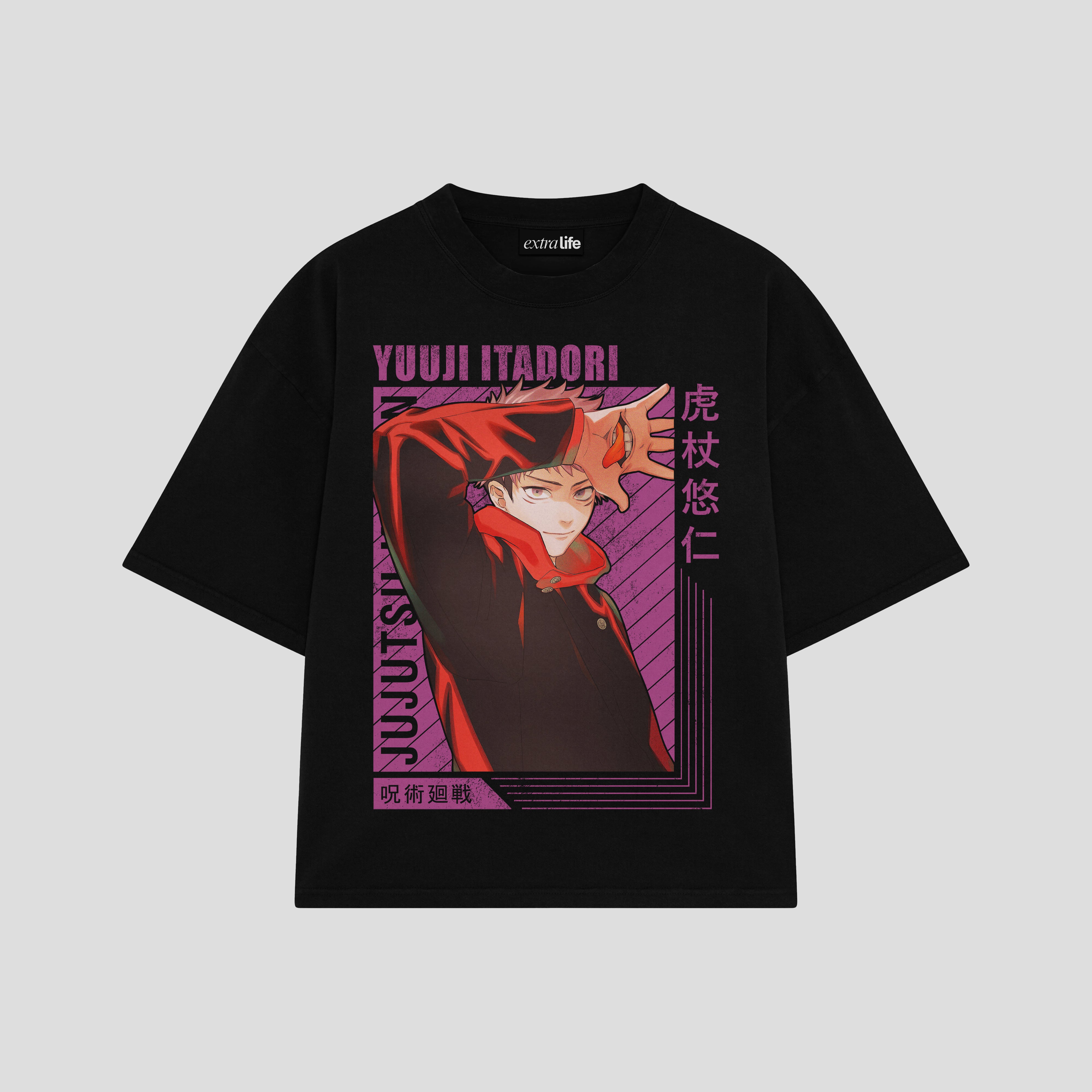 Playera streetwear premium de anime y gaming ExtraLife MX, corte boxy oversized drop shoulder heavyweight en color Deep Black y Off-White, moda urbana mexicana de culto.