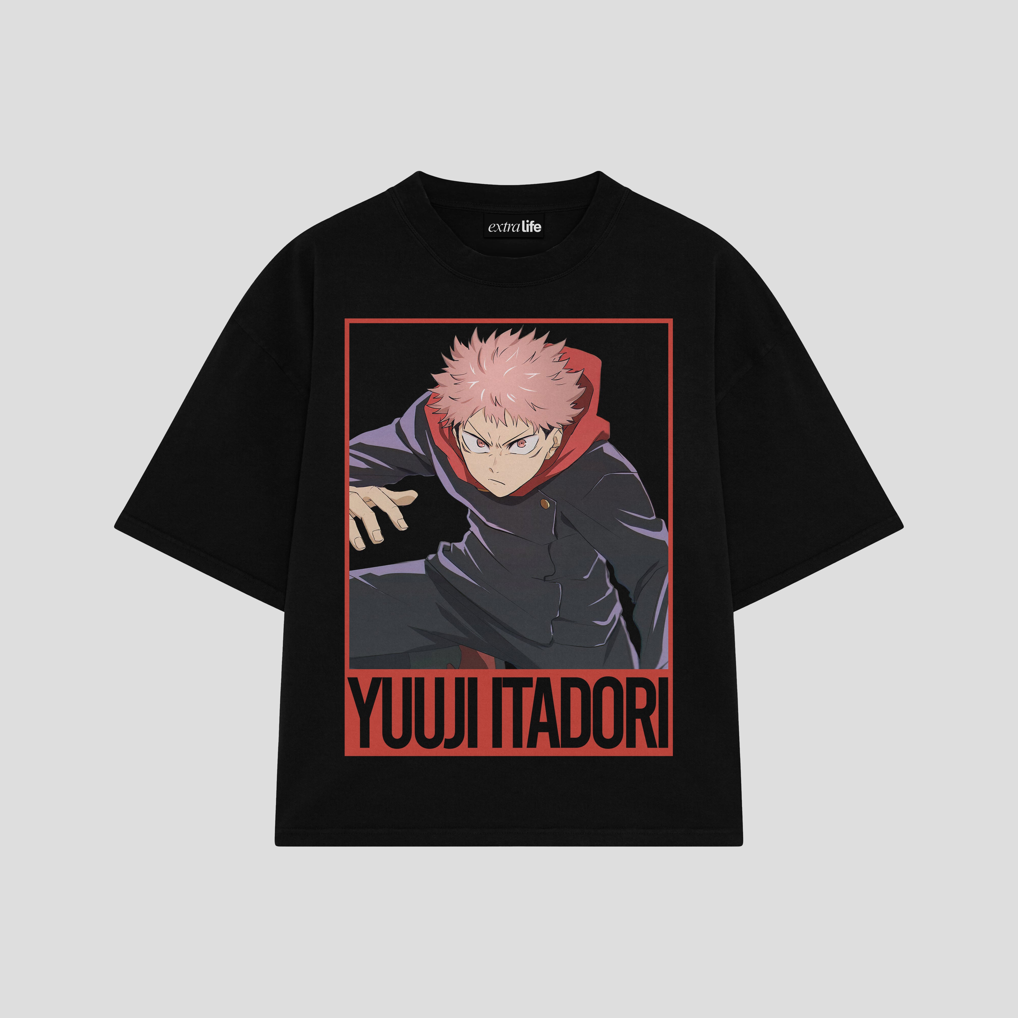 Playera streetwear premium de anime y gaming ExtraLife MX, corte boxy oversized drop shoulder heavyweight en color Deep Black y Off-White, moda urbana mexicana de culto.