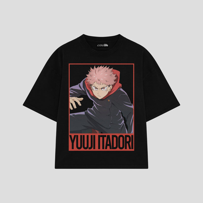 Playera streetwear premium de anime y gaming ExtraLife MX, corte boxy oversized drop shoulder heavyweight en color Deep Black y Off-White, moda urbana mexicana de culto.