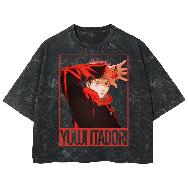 Playera streetwear premium de anime y gaming ExtraLife MX, corte boxy deluxe mineral wash heavyweight en color Acid Wash, moda urbana mexicana de culto.