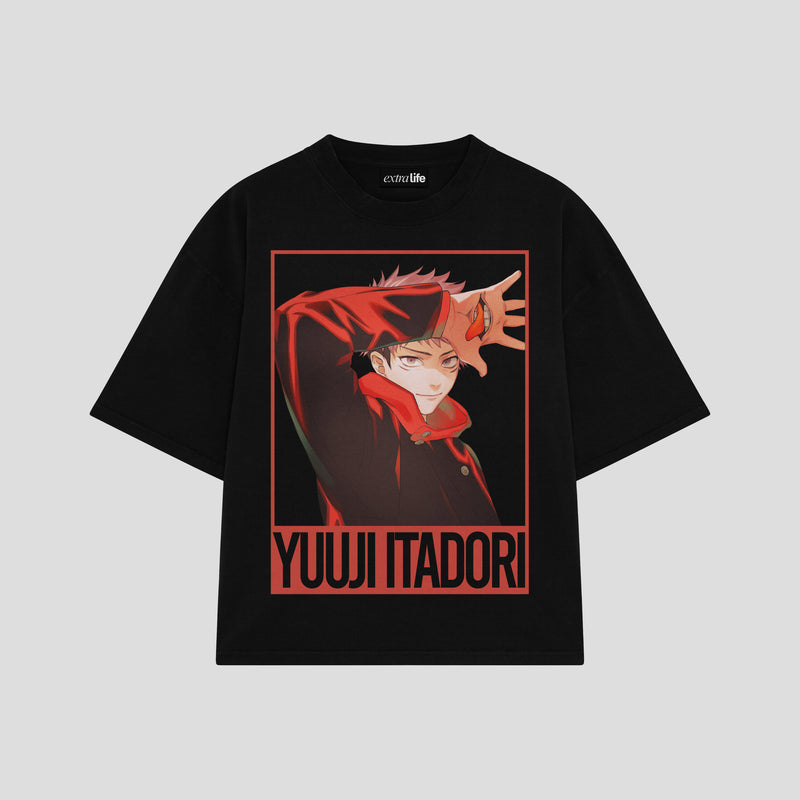 Playera streetwear premium de anime y gaming ExtraLife MX, corte boxy oversized drop shoulder heavyweight en color Deep Black y Off-White, moda urbana mexicana de culto.