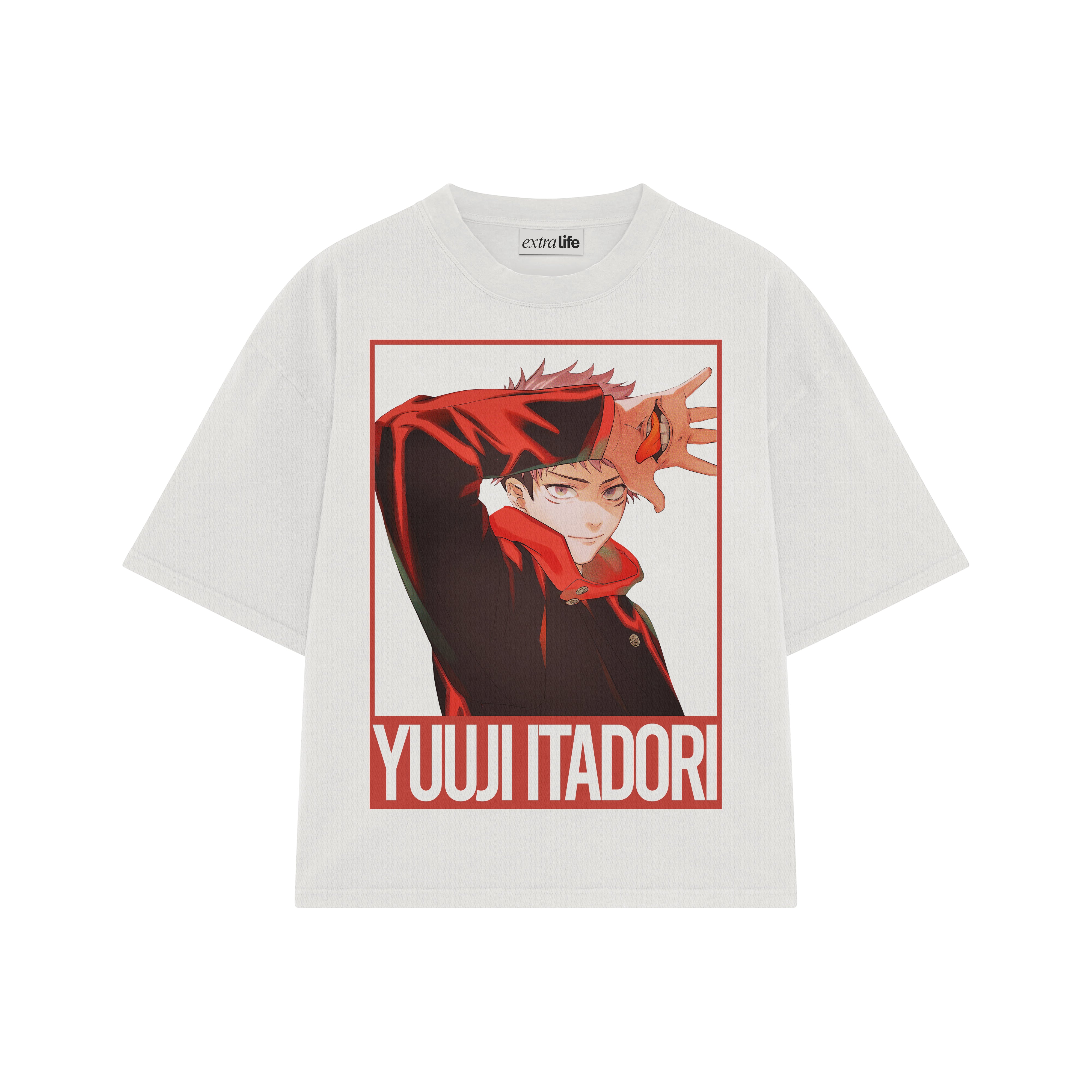 Playera streetwear premium de anime y gaming ExtraLife MX, corte boxy oversized drop shoulder heavyweight en color Deep Black y Off-White, moda urbana mexicana de culto.