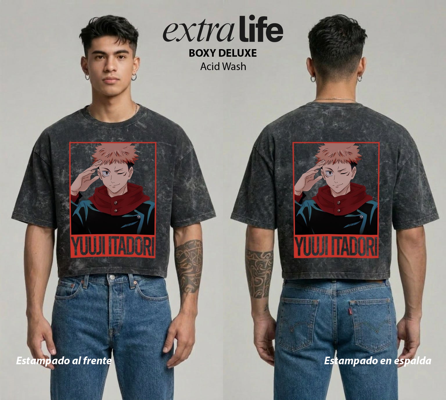 Playera streetwear premium de anime y gaming ExtraLife MX, corte boxy deluxe mineral wash heavyweight en color Acid Wash, moda urbana mexicana de culto.