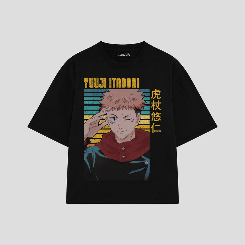 Playera streetwear premium de anime y gaming ExtraLife MX, corte boxy oversized drop shoulder heavyweight en color Deep Black y Off-White, moda urbana mexicana de culto.