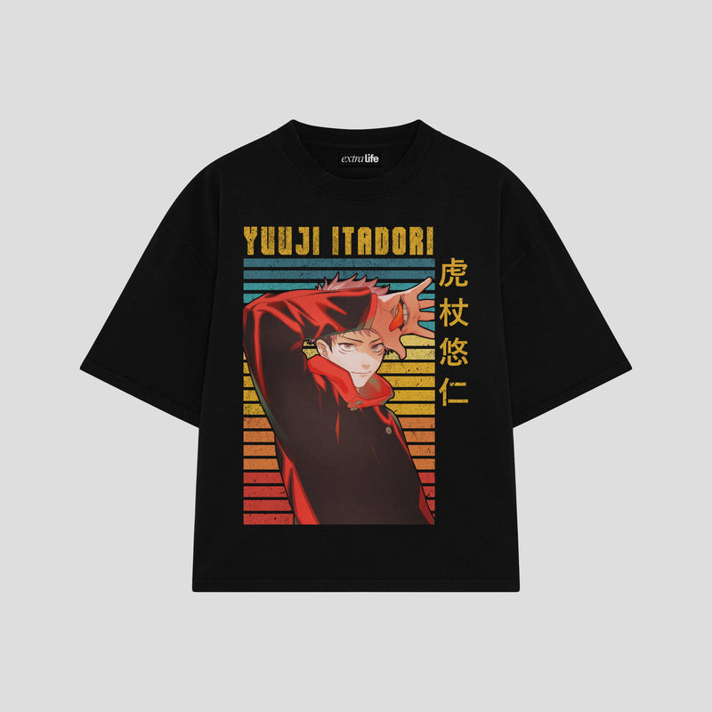 Playera streetwear premium de anime y gaming ExtraLife MX, corte boxy oversized drop shoulder heavyweight en color Deep Black y Off-White, moda urbana mexicana de culto.