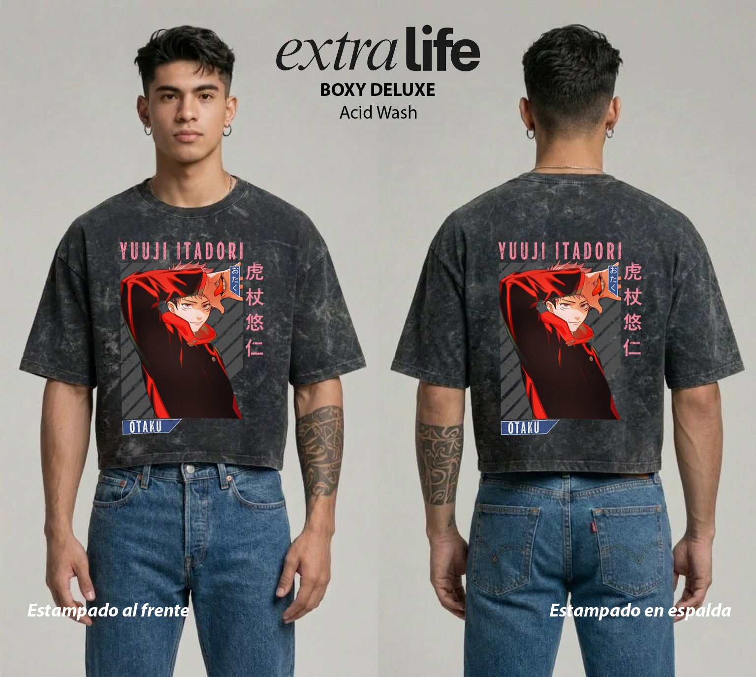 Playera streetwear premium de anime y gaming ExtraLife MX, corte boxy deluxe mineral wash heavyweight en color Acid Wash, moda urbana mexicana de culto.