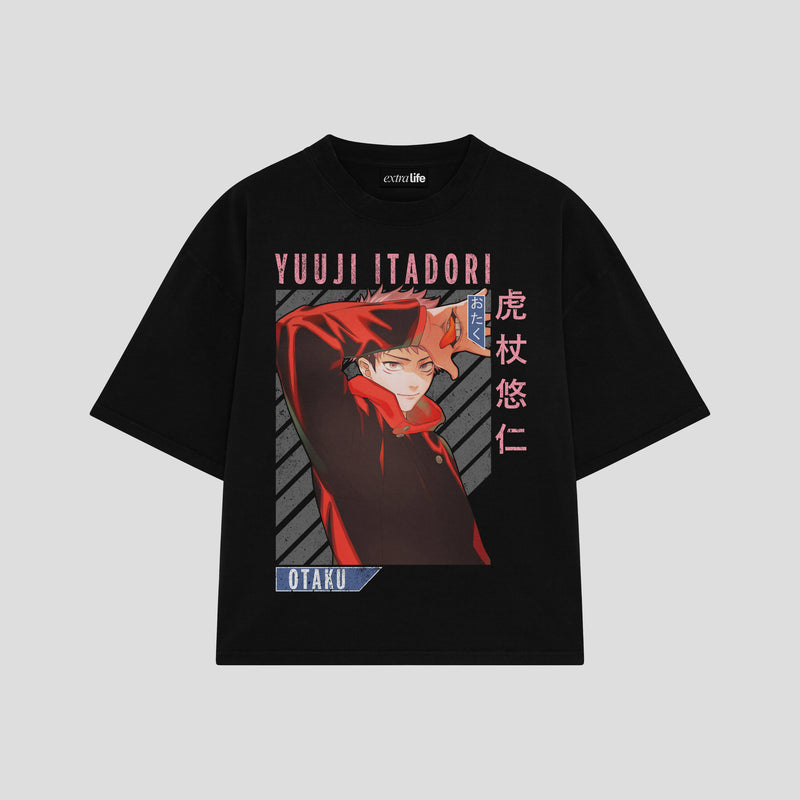 Playera streetwear premium de anime y gaming ExtraLife MX, corte boxy oversized drop shoulder heavyweight en color Deep Black y Off-White, moda urbana mexicana de culto.