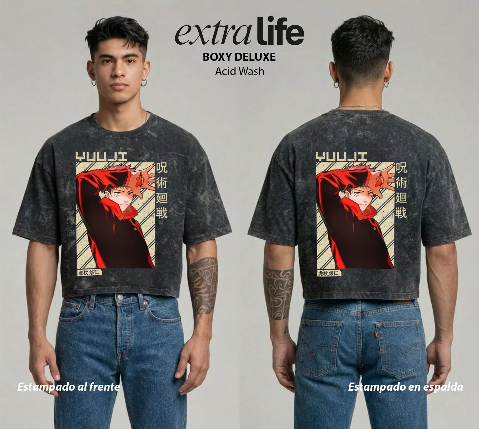 Playera streetwear premium de anime y gaming ExtraLife MX, corte boxy deluxe mineral wash heavyweight en color Acid Wash, moda urbana mexicana de culto.