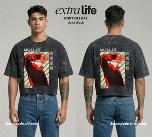 Playera streetwear premium de anime y gaming ExtraLife MX, corte boxy deluxe mineral wash heavyweight en color Acid Wash, moda urbana mexicana de culto.