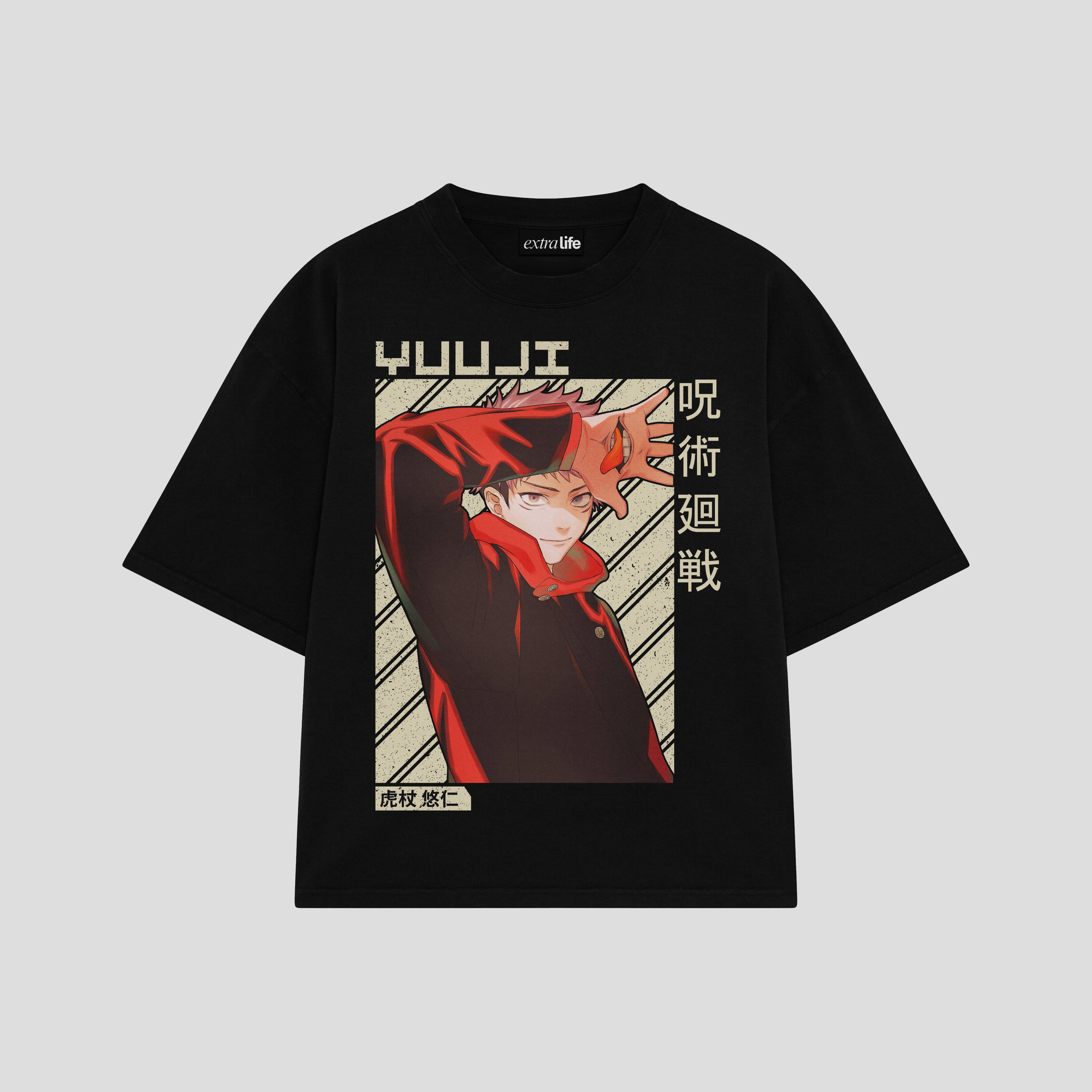 Playera streetwear premium de anime y gaming ExtraLife MX, corte boxy oversized drop shoulder heavyweight en color Deep Black y Off-White, moda urbana mexicana de culto.