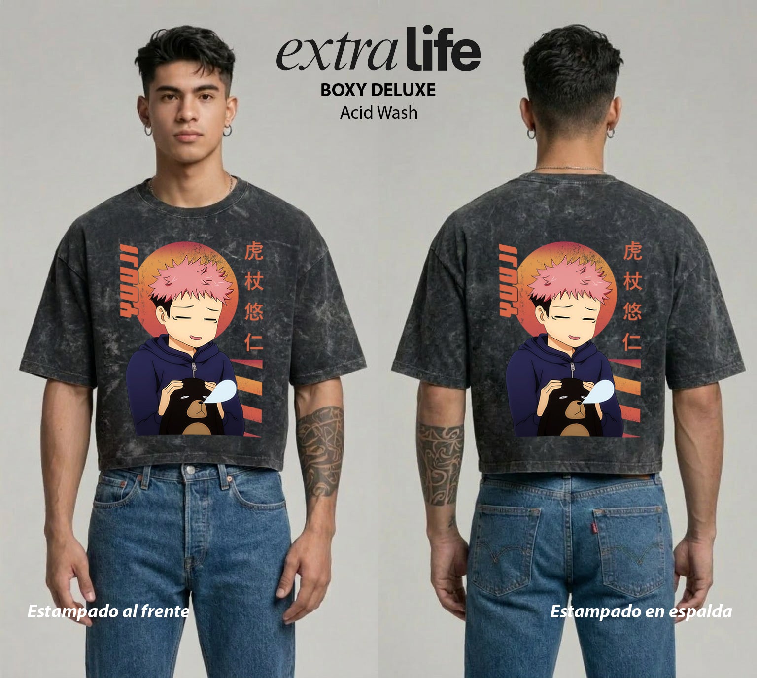 Playera streetwear premium de anime y gaming ExtraLife MX, corte boxy deluxe mineral wash heavyweight en color Acid Wash, moda urbana mexicana de culto.
