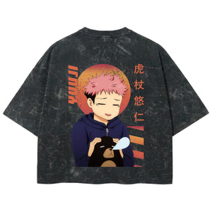Playera streetwear premium de anime y gaming ExtraLife MX, corte boxy deluxe mineral wash heavyweight en color Acid Wash, moda urbana mexicana de culto.