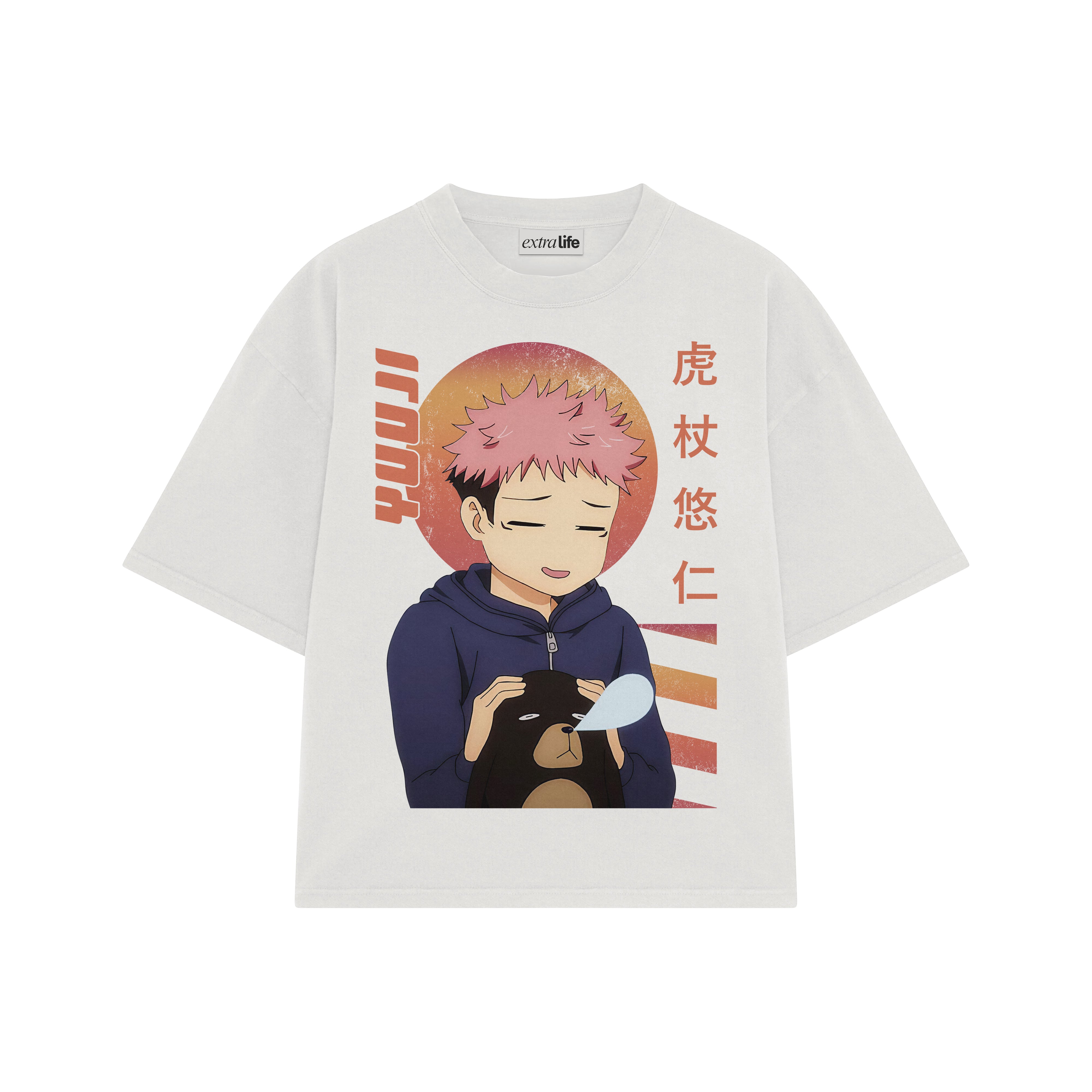 Playera streetwear premium de anime y gaming ExtraLife MX, corte boxy oversized drop shoulder heavyweight en color Deep Black y Off-White, moda urbana mexicana de culto.