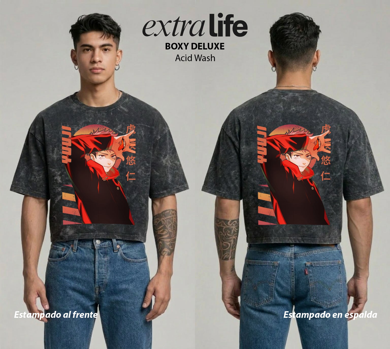Playera streetwear premium de anime y gaming ExtraLife MX, corte boxy deluxe mineral wash heavyweight en color Acid Wash, moda urbana mexicana de culto.