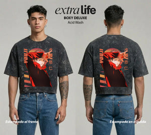 Playera streetwear premium de anime y gaming ExtraLife MX, corte boxy deluxe mineral wash heavyweight en color Acid Wash, moda urbana mexicana de culto.