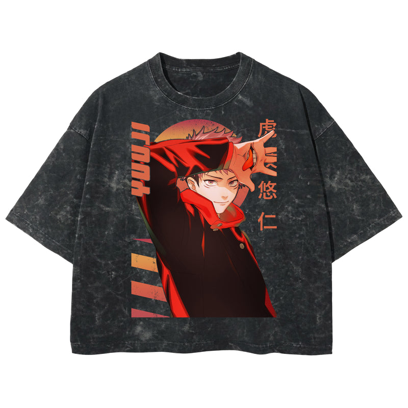 Playera streetwear premium de anime y gaming ExtraLife MX, corte boxy deluxe mineral wash heavyweight en color Acid Wash, moda urbana mexicana de culto.