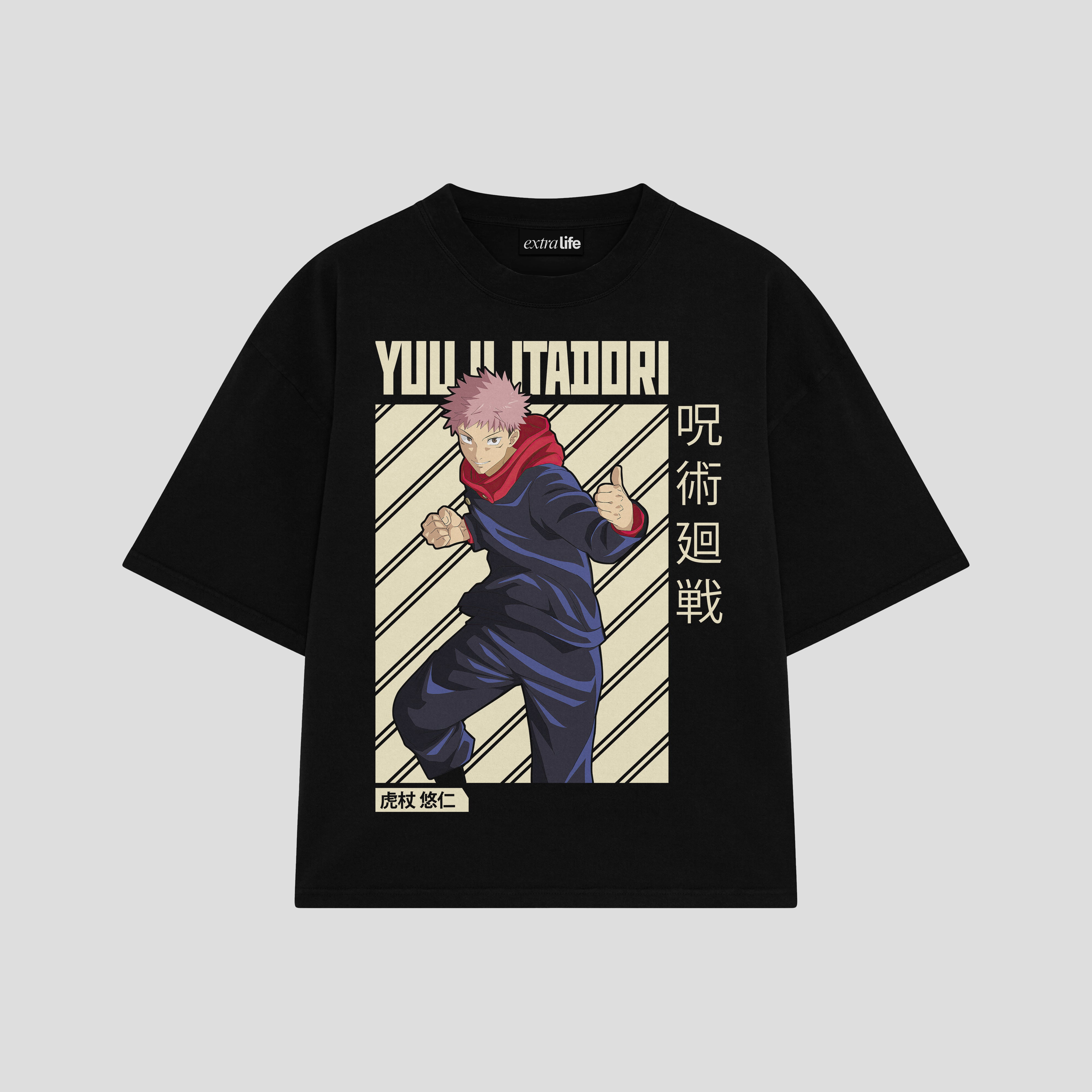 Playera streetwear premium de anime y gaming ExtraLife MX, corte boxy oversized drop shoulder heavyweight en color Deep Black y Off-White, moda urbana mexicana de culto.