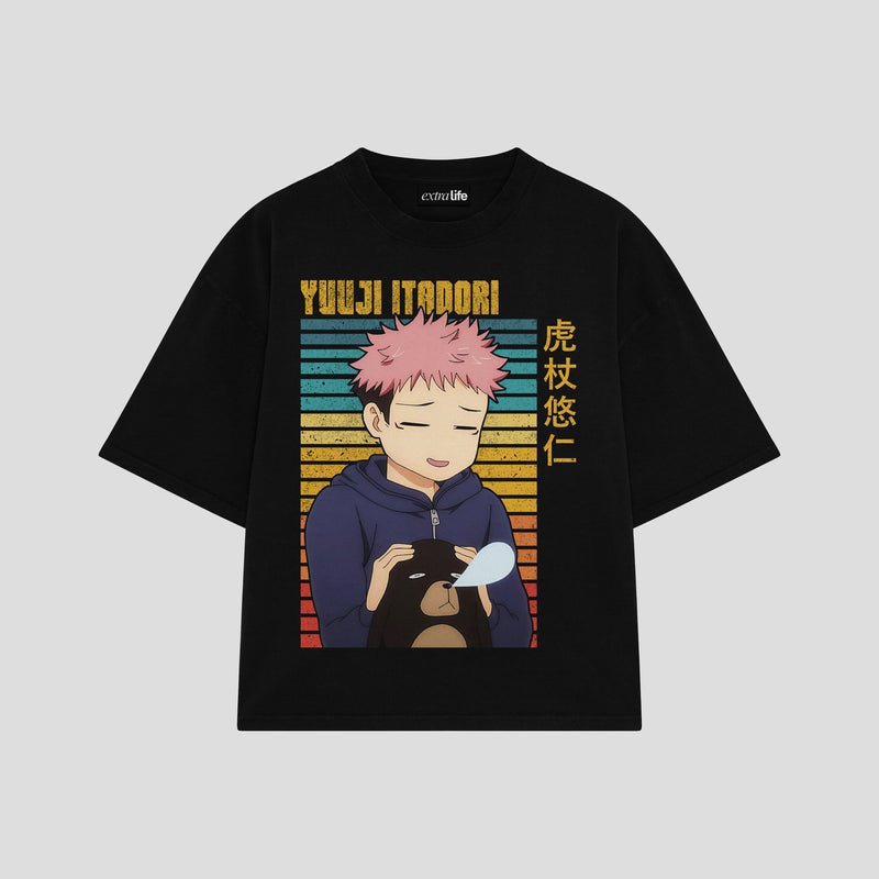 Playera streetwear premium de anime y gaming ExtraLife MX, corte boxy oversized drop shoulder heavyweight en color Deep Black y Off-White, moda urbana mexicana de culto.