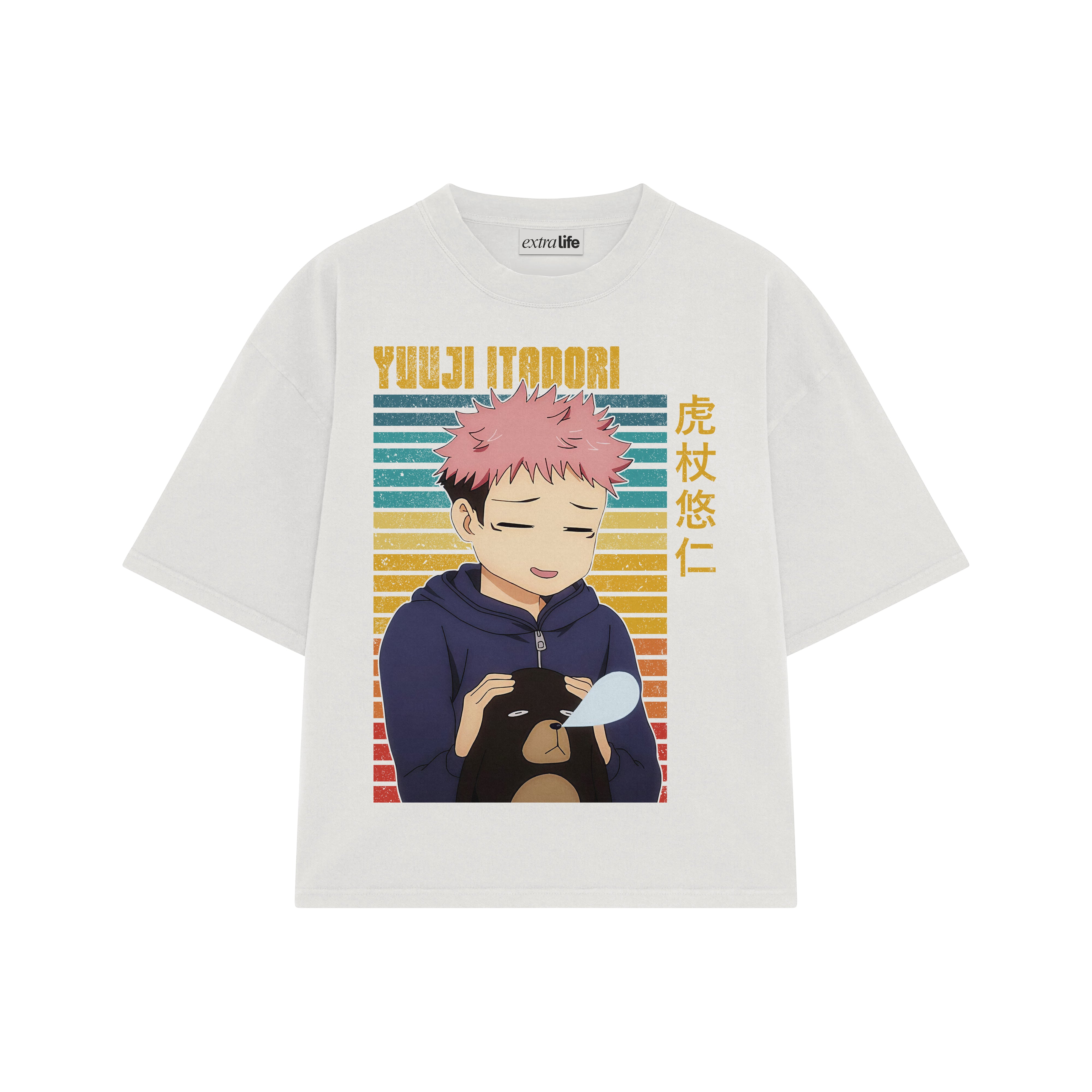 Playera streetwear premium de anime y gaming ExtraLife MX, corte boxy oversized drop shoulder heavyweight en color Deep Black y Off-White, moda urbana mexicana de culto.