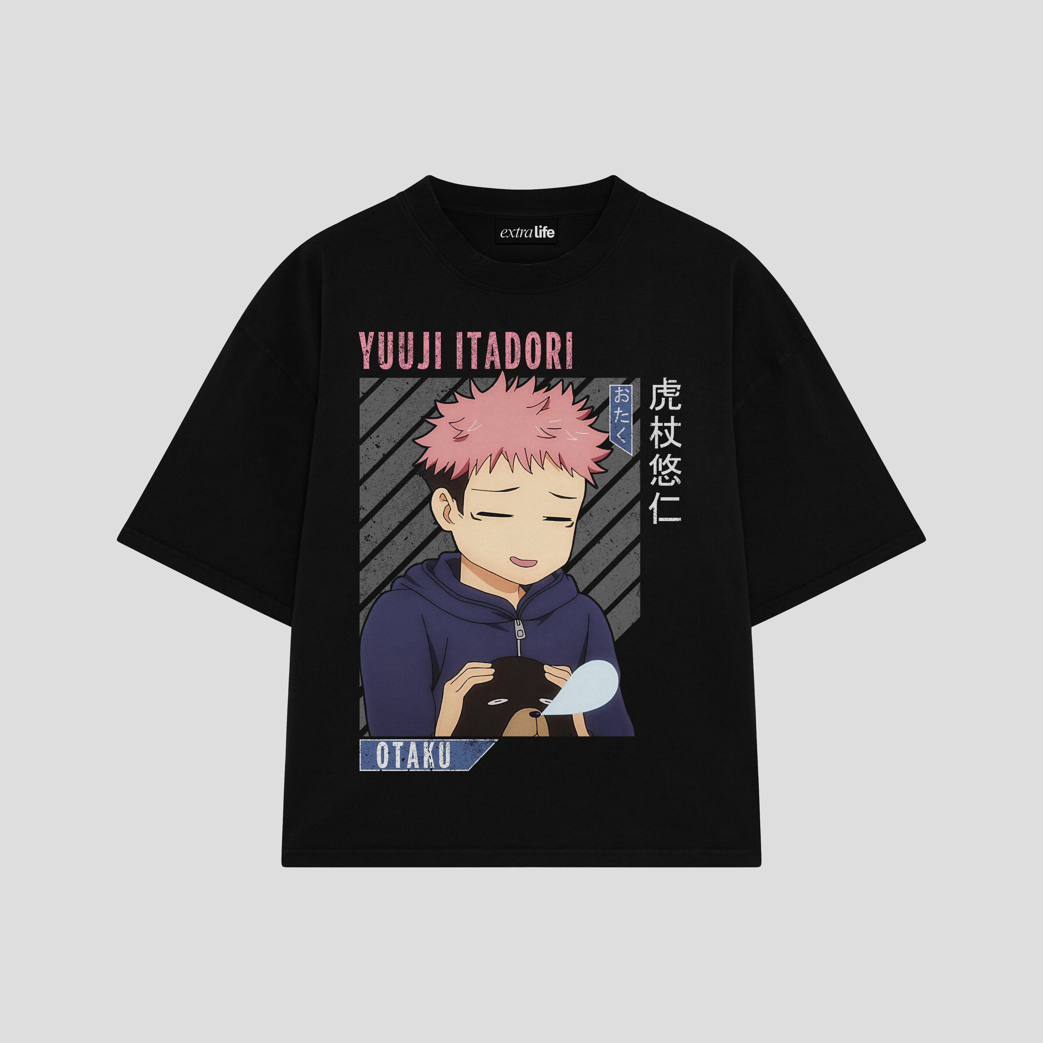 Playera streetwear premium de anime y gaming ExtraLife MX, corte boxy oversized drop shoulder heavyweight en color Deep Black y Off-White, moda urbana mexicana de culto.