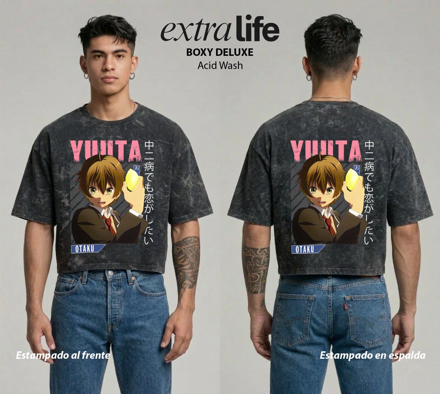 Playera streetwear premium de anime y gaming ExtraLife MX, corte boxy deluxe mineral wash heavyweight en color Acid Wash, moda urbana mexicana de culto.