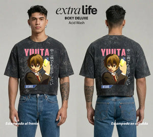 Playera streetwear premium de anime y gaming ExtraLife MX, corte boxy deluxe mineral wash heavyweight en color Acid Wash, moda urbana mexicana de culto.