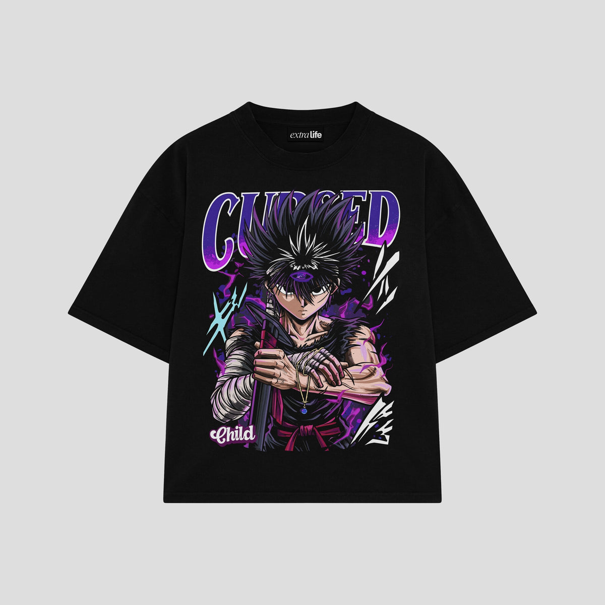 Playera streetwear premium de anime y gaming ExtraLife MX, corte oversized drop shoulder ligero y fresco en color Deep Black y Off-White, moda urbana mexicana de culto.