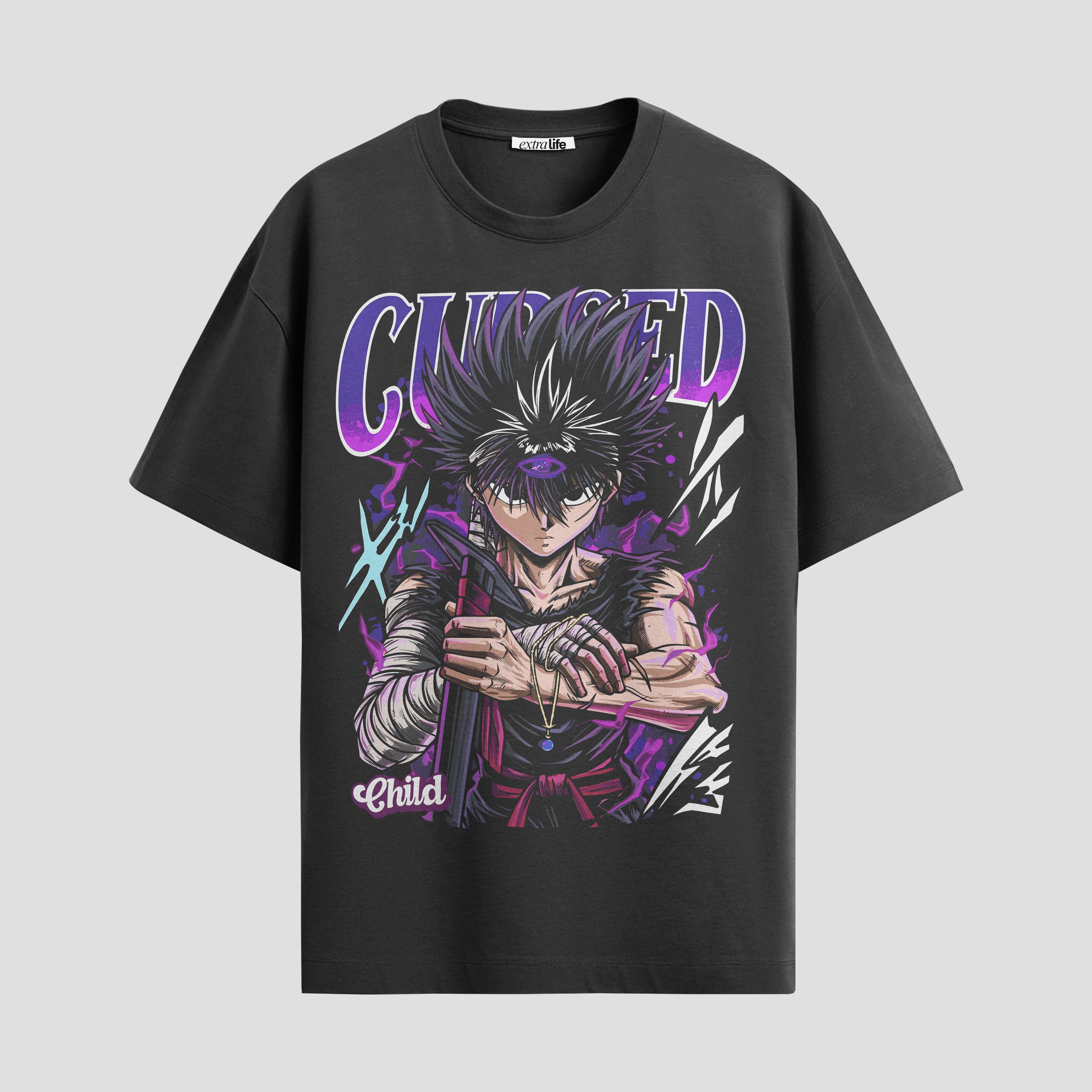Playera urbana de anime y gaming ExtraLife MX, corte Standard Fit unisex ligero y transpirable en color Deep Black y Pure White, ropa de uso diario para gym y casual.