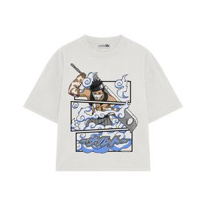 Playera streetwear premium de anime y gaming ExtraLife MX, corte boxy oversized drop shoulder heavyweight en color Deep Black y Off-White, moda urbana mexicana de culto.